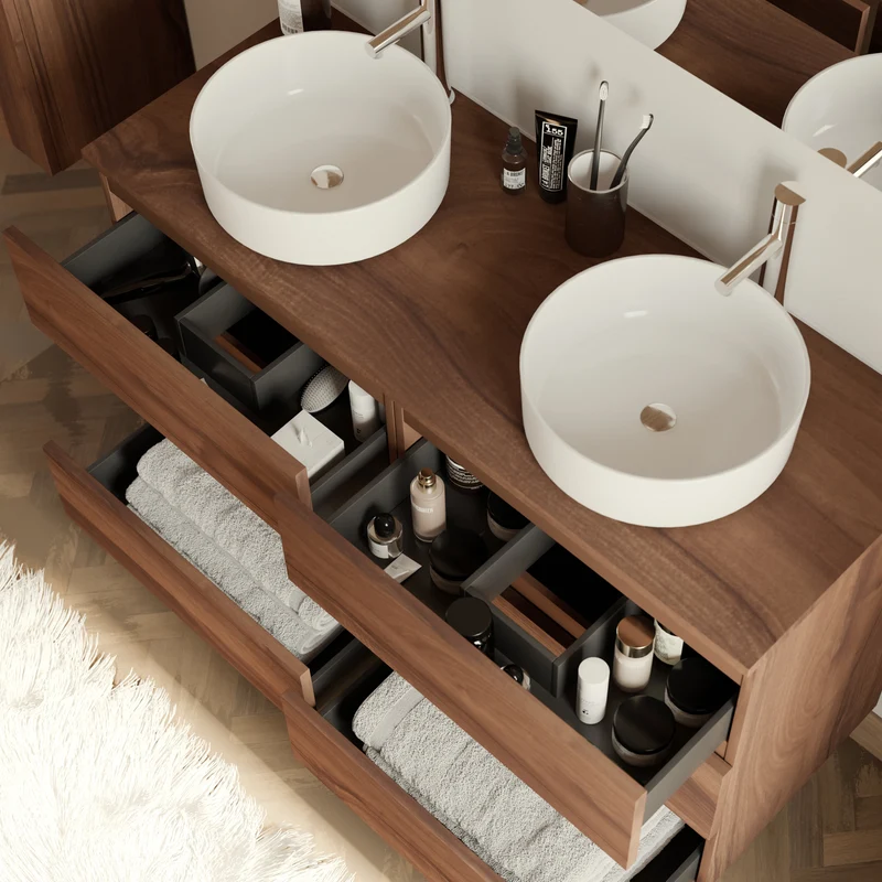 Meuble de salle de bain 120cm avec plateau et 2 vasques à poser rondes - 6 tiroirs - MAYOR