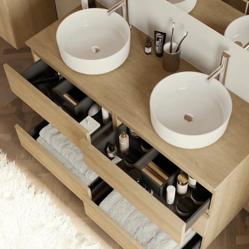 Meuble de salle de bain 120cm avec plateau et 2 vasques à poser rondes - 6 tiroirs - MAYOR