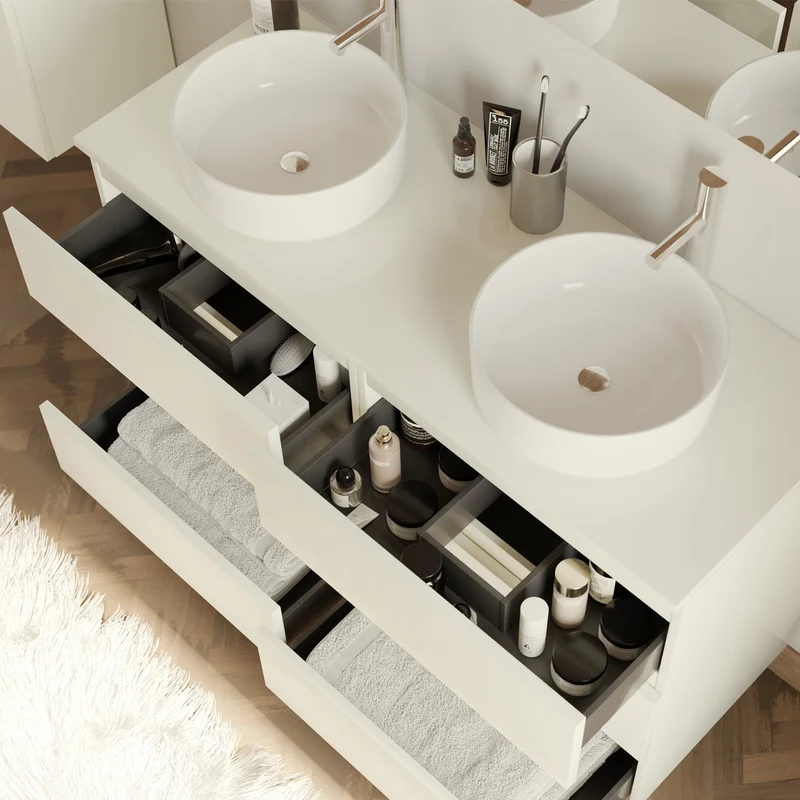Meuble de salle de bain 120cm avec plateau et 2 vasques à poser rondes - 6 tiroirs - MAYOR