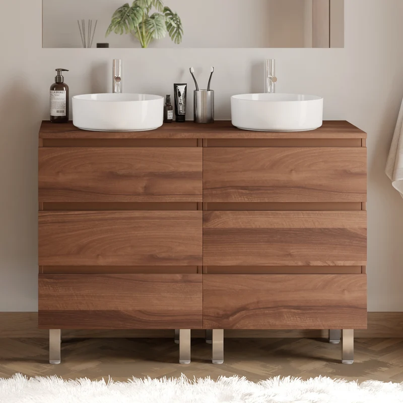 Meuble de salle de bain 120cm avec plateau et 2 vasques à poser rondes - 6 tiroirs - MAYOR