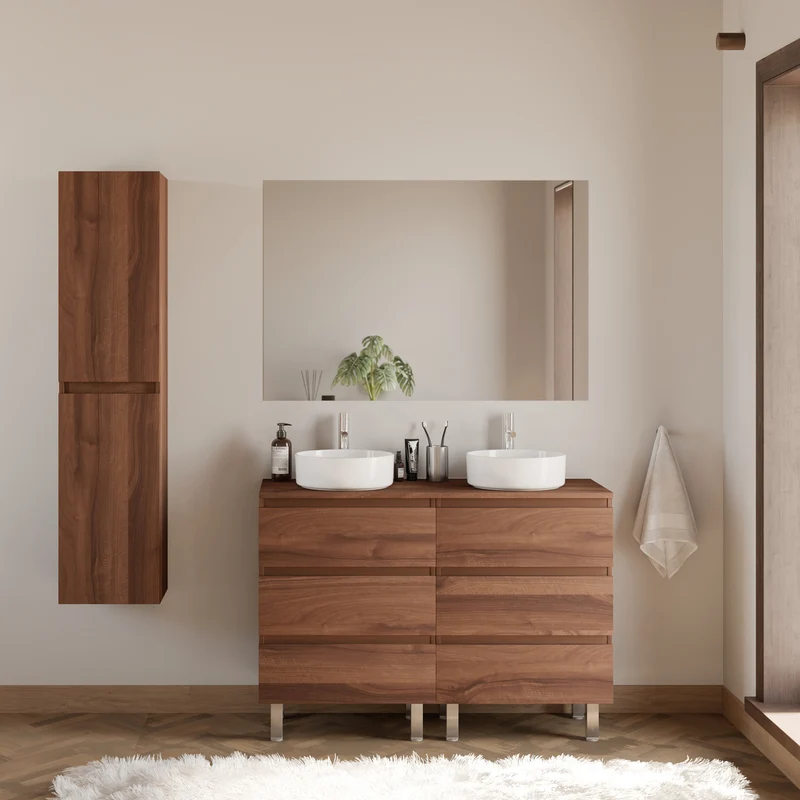 Meuble de salle de bain 120cm avec plateau et 2 vasques à poser rondes - 6 tiroirs - MAYOR