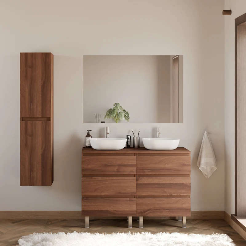 Meuble de salle de bain 140cm avec plateau et 2 vasques à poser arrondies - 6 tiroirs - MAYOR