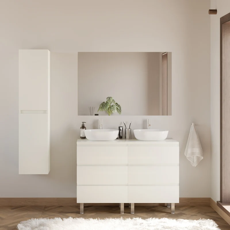 Meuble de salle de bain 140cm avec plateau et 2 vasques à poser arrondies - 6 tiroirs - MAYOR