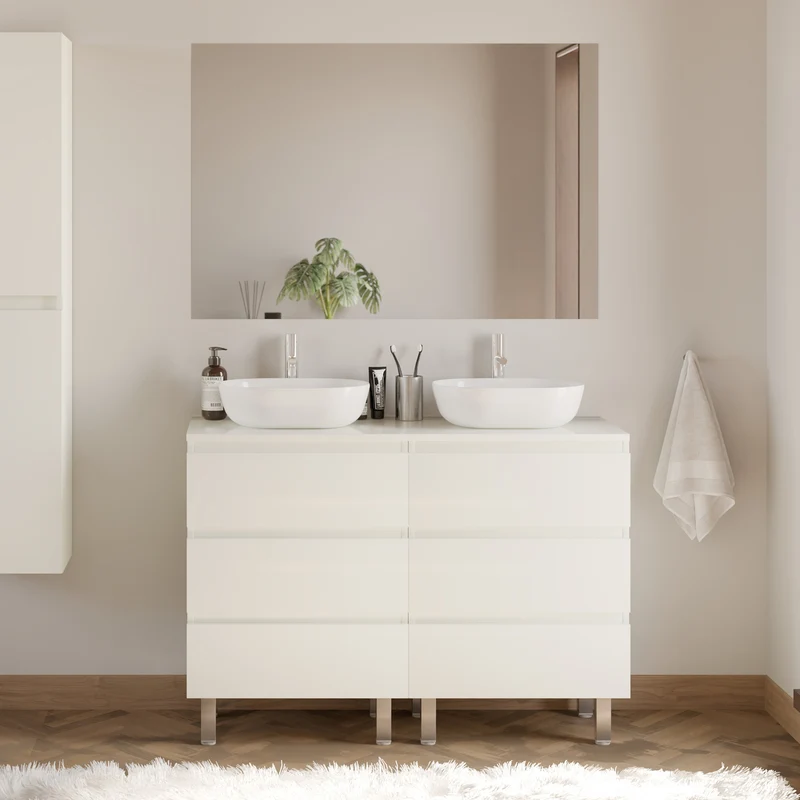 Meuble de salle de bain 140cm avec plateau et 2 vasques à poser arrondies - 6 tiroirs - MAYOR