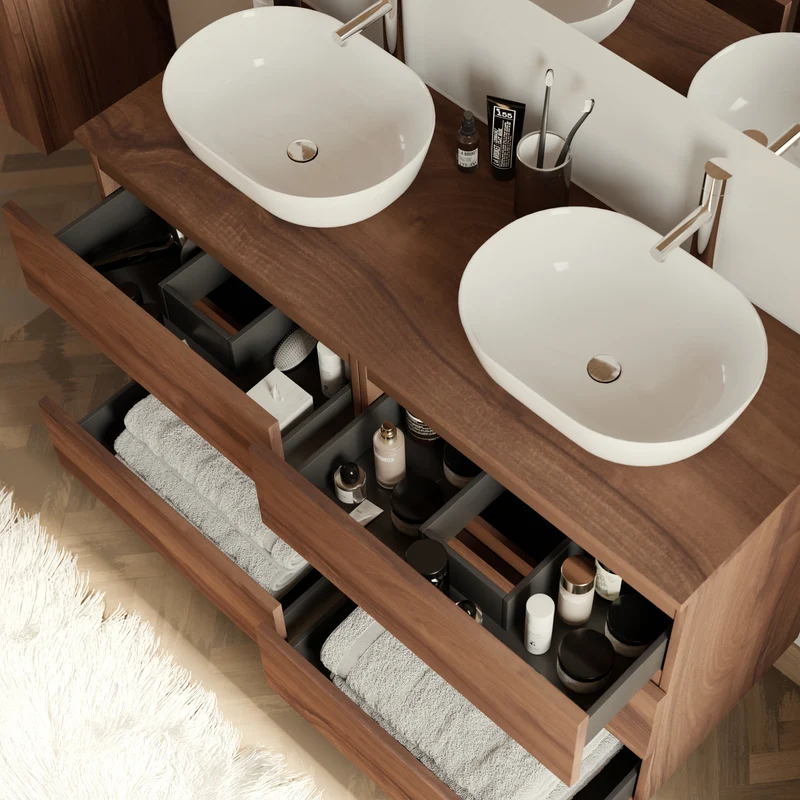 Meuble de salle de bain 140cm avec plateau et 2 vasques à poser arrondies - 6 tiroirs - MAYOR