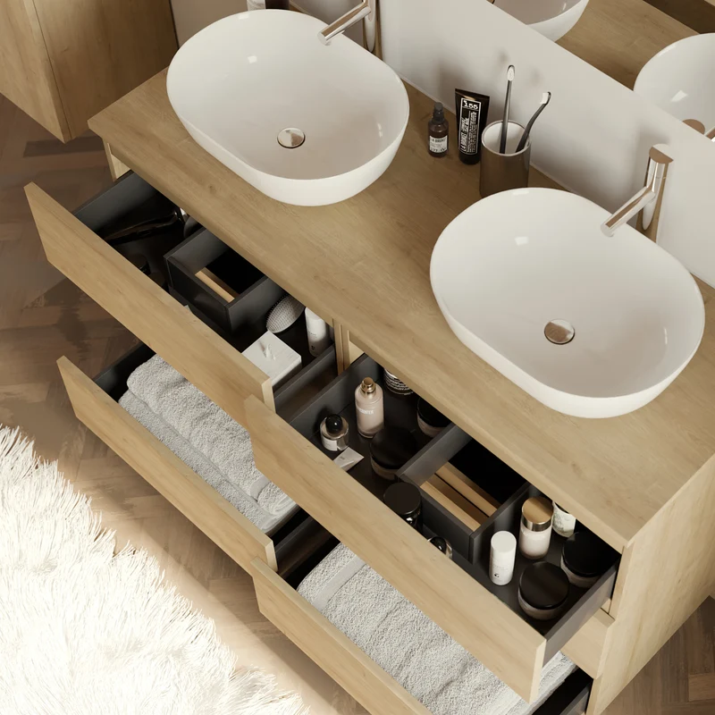 Meuble de salle de bain 140cm avec plateau et 2 vasques à poser arrondies - 6 tiroirs - MAYOR