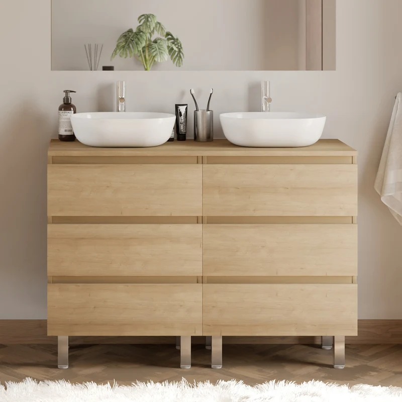 Meuble de salle de bain 140cm avec plateau et 2 vasques à poser arrondies - 6 tiroirs - MAYOR