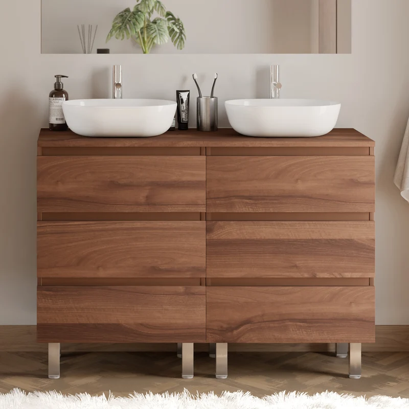 Meuble de salle de bain 140cm avec plateau et 2 vasques à poser arrondies - 6 tiroirs - MAYOR
