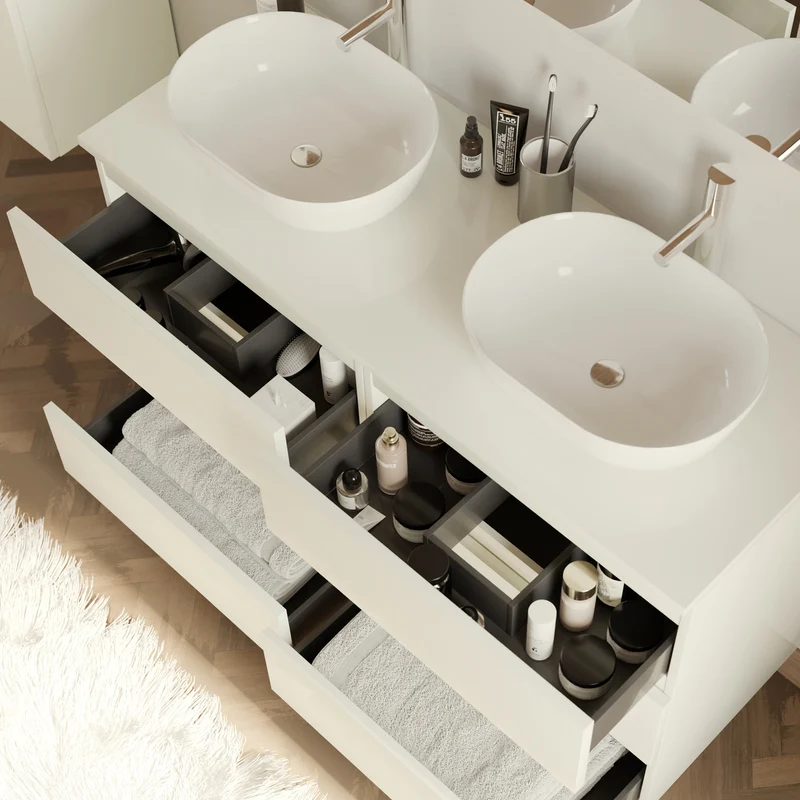 Meuble de salle de bain 140cm avec plateau et 2 vasques à poser arrondies - 6 tiroirs - MAYOR