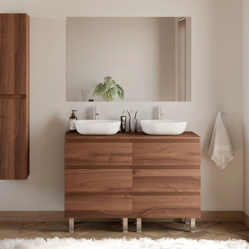 Meuble de salle de bain 140cm avec plateau et 2 vasques à poser arrondies - 6 tiroirs - MAYOR