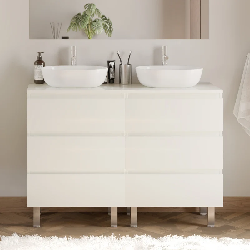 Meuble de salle de bain 140cm avec plateau et 2 vasques à poser arrondies - 6 tiroirs - MAYOR