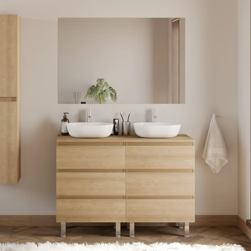 Meuble de salle de bain 140cm avec plateau et 2 vasques à poser arrondies - 6 tiroirs - MAYOR