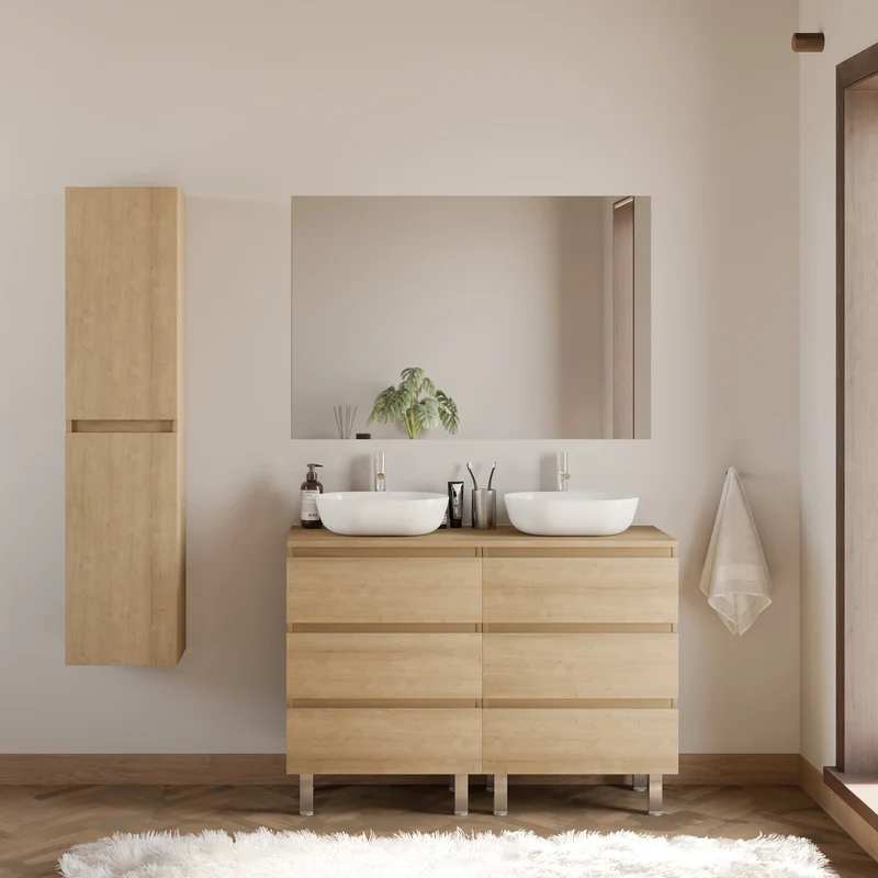 Meuble de salle de bain 140cm avec plateau et 2 vasques à poser arrondies - 6 tiroirs - MAYOR