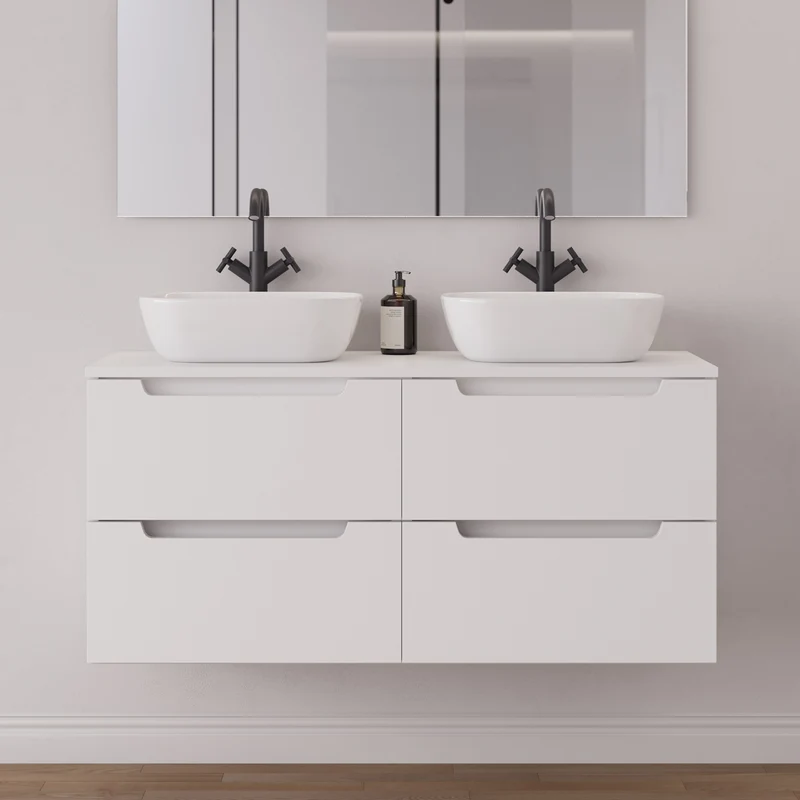 Meuble de salle de bain 120cm avec plateau et 2 vasques à poser arrondie - 4 tiroirs - SONRIZA