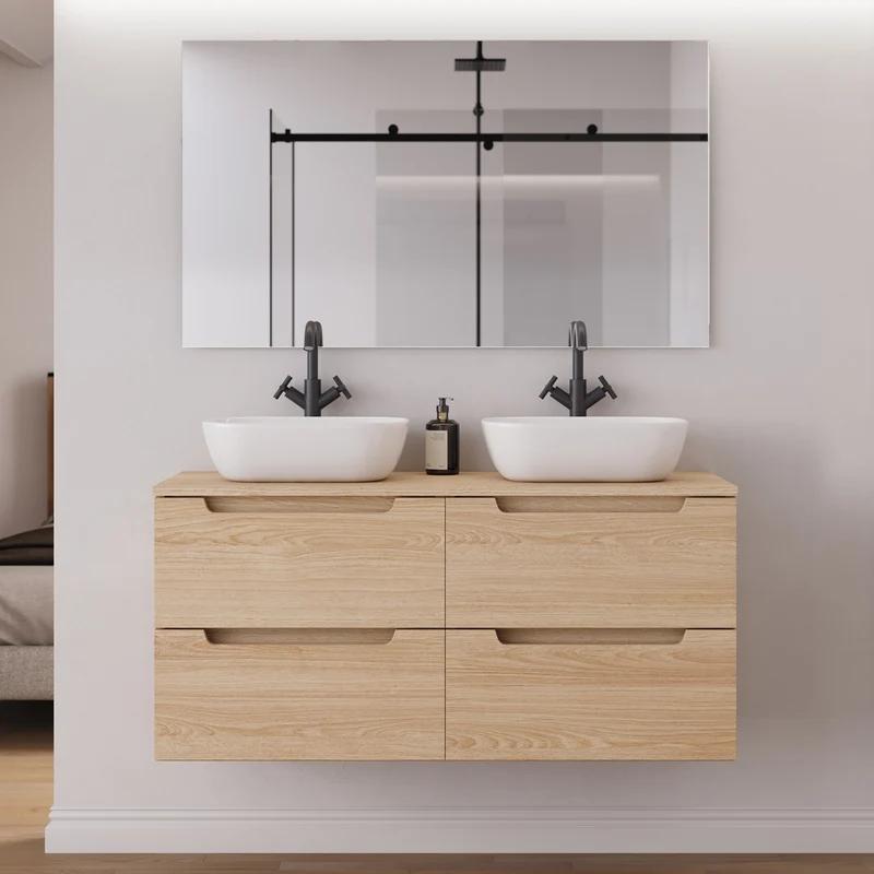 Meuble de salle de bain 120cm avec plateau et 2 vasques à poser arrondie - 4 tiroirs - SONRIZA