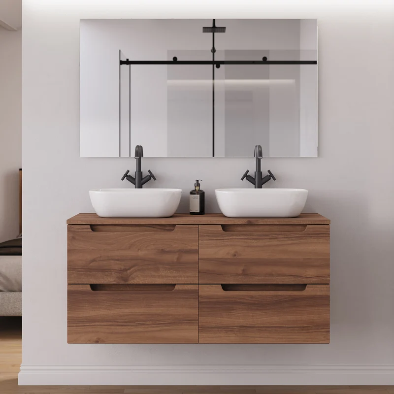 Meuble de salle de bain 120cm avec plateau et 2 vasques à poser arrondie - 4 tiroirs - SONRIZA