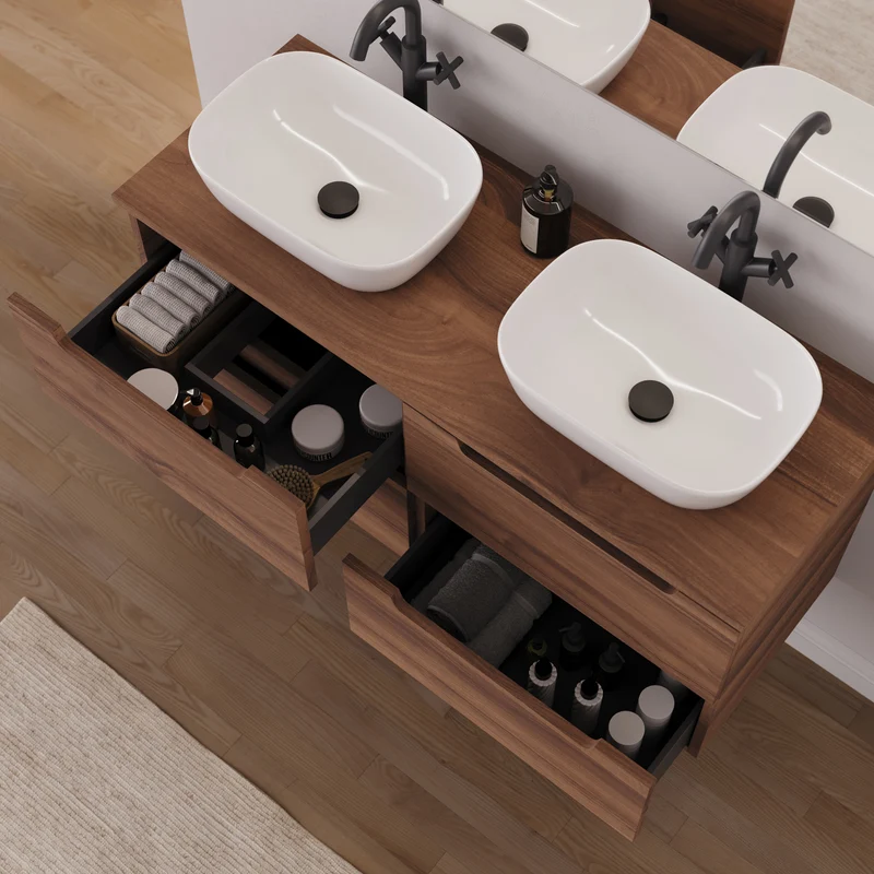 Meuble de salle de bain 120cm avec plateau et 2 vasques à poser arrondie - 4 tiroirs - SONRIZA