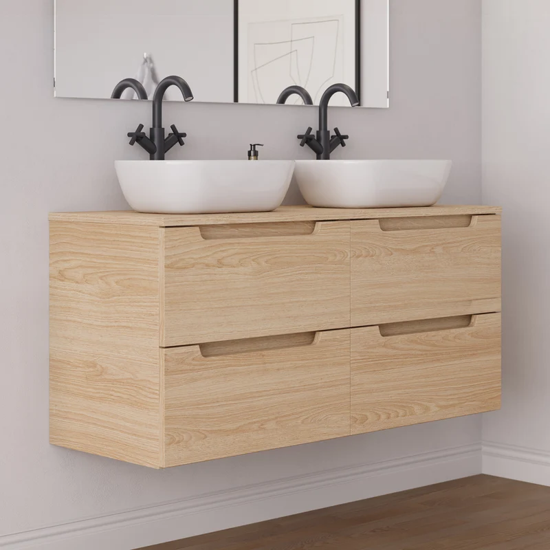 Meuble de salle de bain 120cm avec plateau et 2 vasques à poser arrondie - 4 tiroirs - SONRIZA