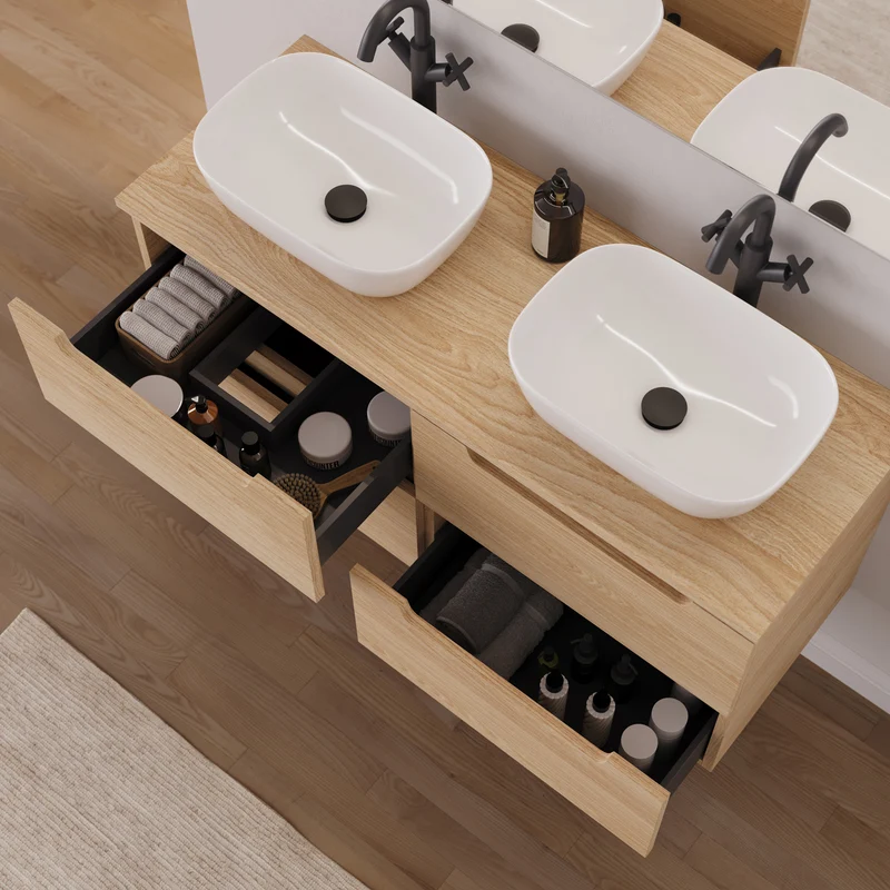 Meuble de salle de bain 120cm avec plateau et 2 vasques à poser arrondie - 4 tiroirs - SONRIZA