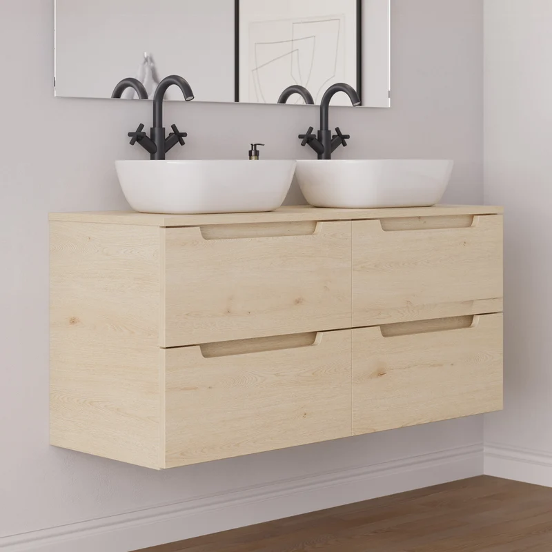 Meuble de salle de bain 120cm avec plateau et 2 vasques à poser arrondie - 4 tiroirs - SONRIZA