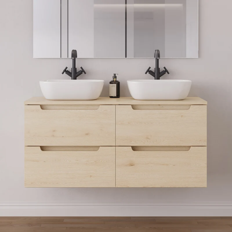 Meuble de salle de bain 120cm avec plateau et 2 vasques à poser arrondie - 4 tiroirs - SONRIZA