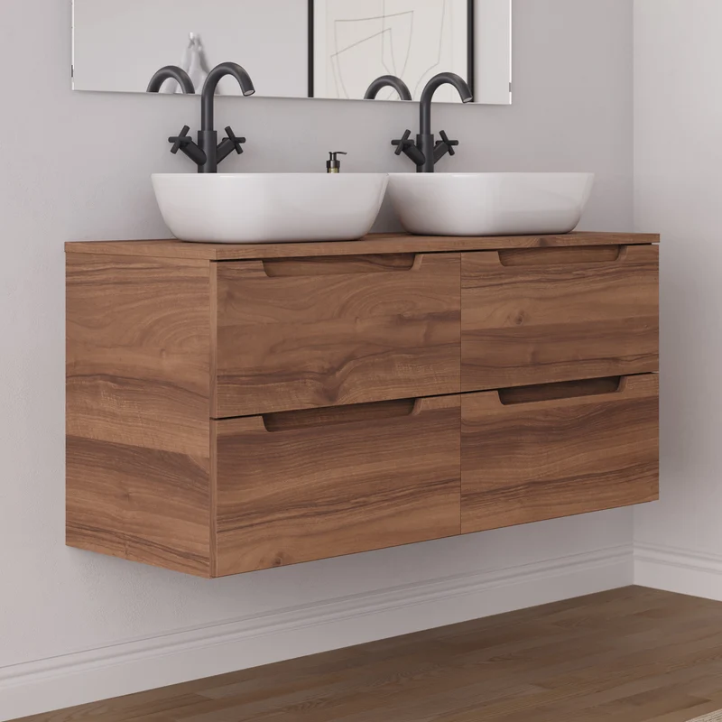 Meuble de salle de bain 120cm avec plateau et 2 vasques à poser arrondie - 4 tiroirs - SONRIZA