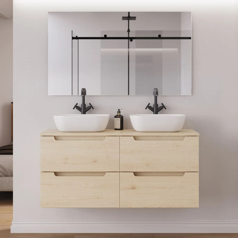 Meuble de salle de bain 120cm avec plateau et 2 vasques à poser arrondie - 4 tiroirs - SONRIZA