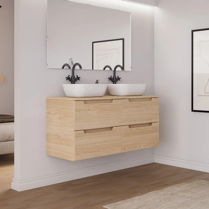 Meuble de salle de bain 120cm avec plateau et 2 vasques à poser arrondie - 4 tiroirs - SONRIZA