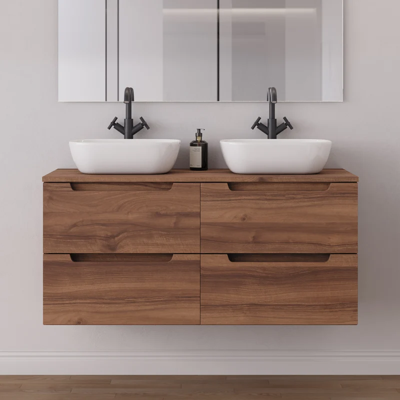 Meuble de salle de bain 120cm avec plateau et 2 vasques à poser arrondie - 4 tiroirs - SONRIZA