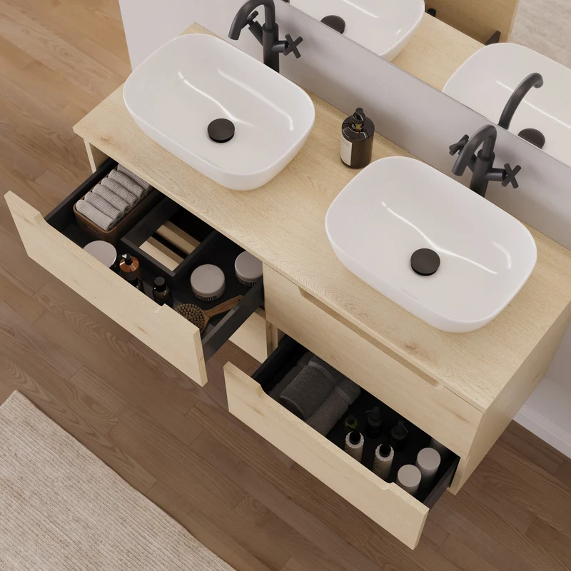 Meuble de salle de bain 120cm avec plateau et 2 vasques à poser arrondie - 4 tiroirs - SONRIZA