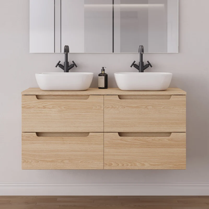 Meuble de salle de bain 120cm avec plateau et 2 vasques à poser arrondie - 4 tiroirs - SONRIZA