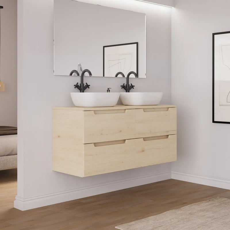 Meuble de salle de bain 120cm avec plateau et 2 vasques à poser arrondie - 4 tiroirs - SONRIZA