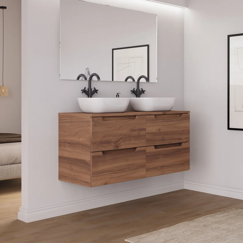 Meuble de salle de bain 120cm avec plateau et 2 vasques à poser arrondie - 4 tiroirs - SONRIZA