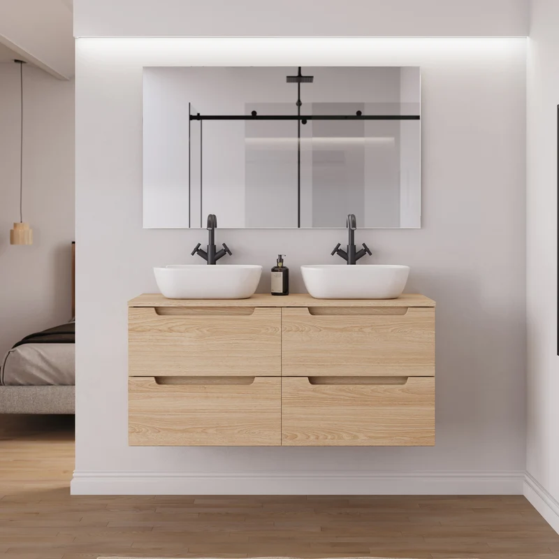 Meuble de salle de bain 120cm avec plateau et 2 vasques à poser arrondie - 4 tiroirs - SONRIZA