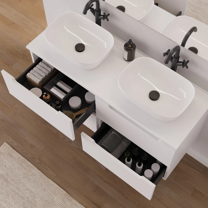 Meuble de salle de bain 120cm avec plateau et 2 vasques à poser arrondie - 4 tiroirs - SONRIZA