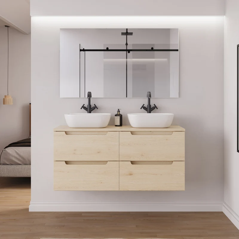 Meuble de salle de bain 120cm avec plateau et 2 vasques à poser arrondie - 4 tiroirs - SONRIZA