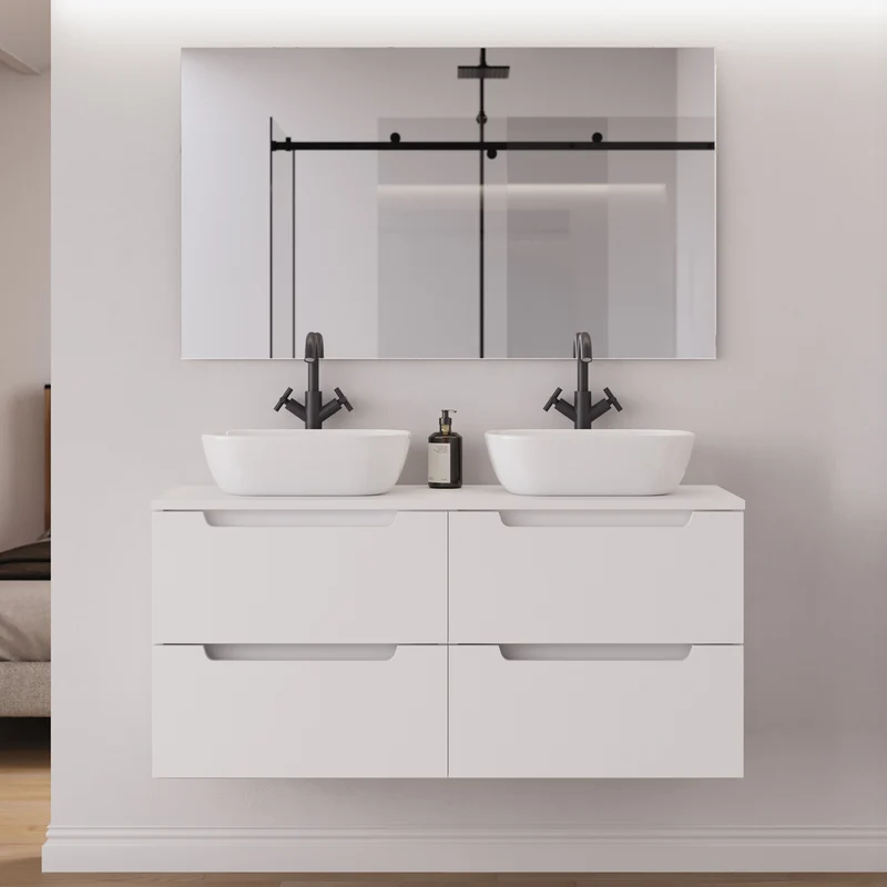 Meuble de salle de bain 120cm avec plateau et 2 vasques à poser arrondie - 4 tiroirs - SONRIZA