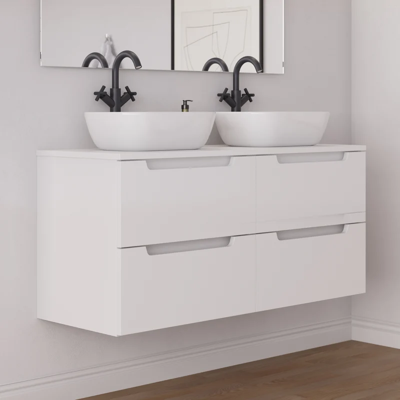 Meuble de salle de bain 120cm avec plateau et 2 vasques à poser arrondie - 4 tiroirs - SONRIZA