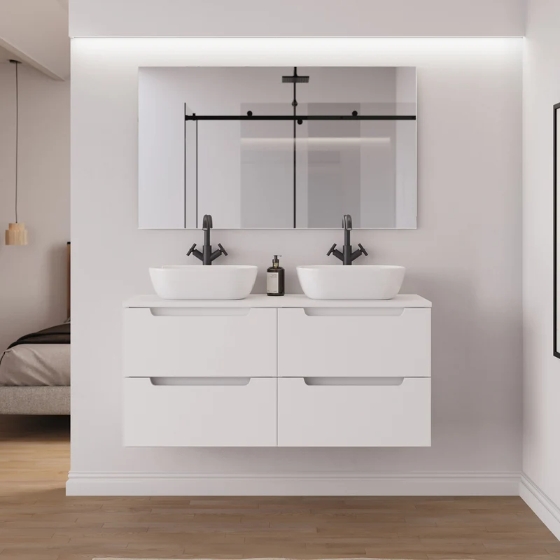Meuble de salle de bain 120cm avec plateau et 2 vasques à poser arrondie - 4 tiroirs - SONRIZA