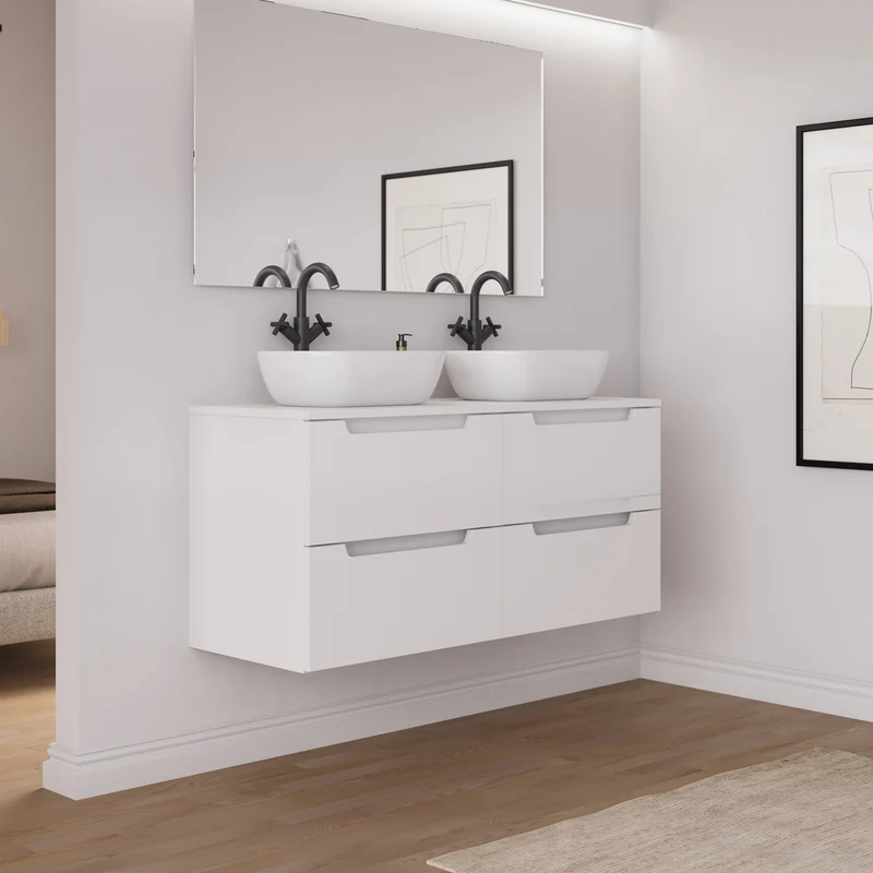 Meuble de salle de bain 120cm avec plateau et 2 vasques à poser arrondie - 4 tiroirs - SONRIZA