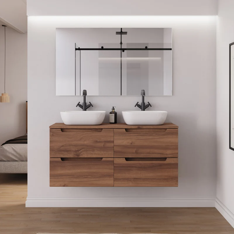 Meuble de salle de bain 120cm avec plateau et 2 vasques à poser arrondie - 4 tiroirs - SONRIZA