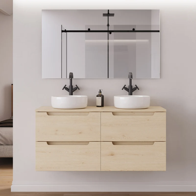 Meuble de salle de bain 140cm avec plateau et 2 vasques à poser rondes - 4 tiroirs - SONRIZA