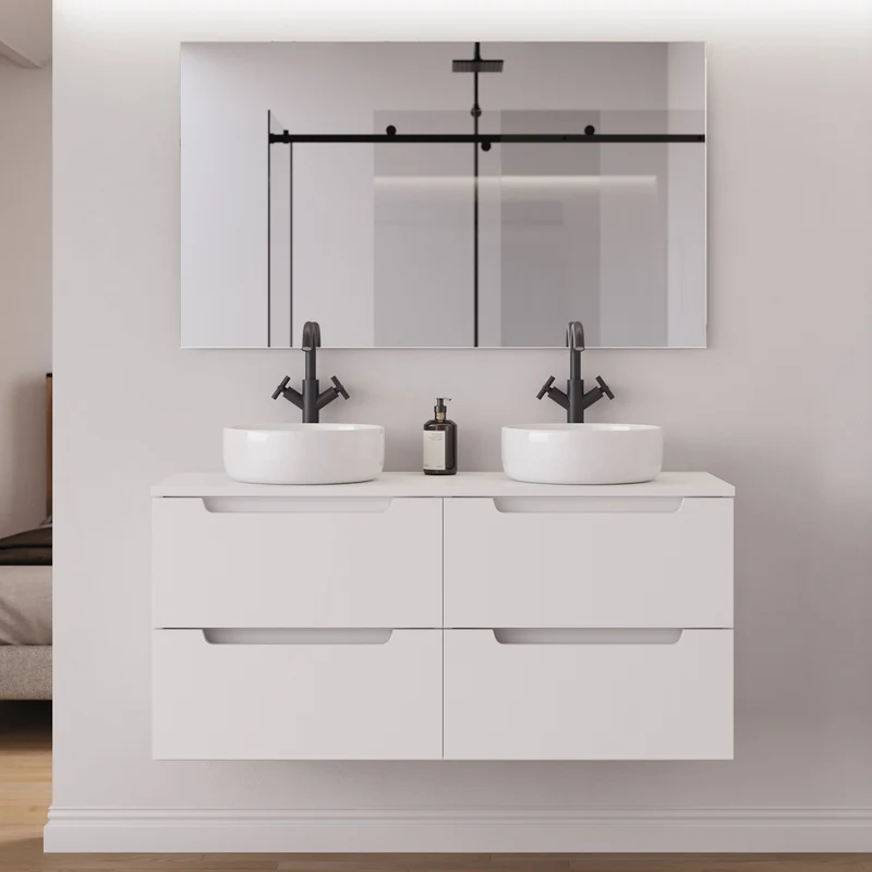 Meuble de salle de bain 140cm avec plateau et 2 vasques à poser rondes - 4 tiroirs - SONRIZA