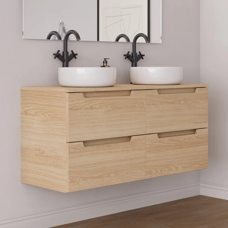 Meuble de salle de bain 140cm avec plateau et 2 vasques à poser rondes - 4 tiroirs - SONRIZA