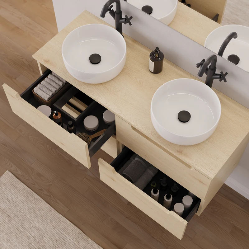 Meuble de salle de bain 140cm avec plateau et 2 vasques à poser rondes - 4 tiroirs - SONRIZA