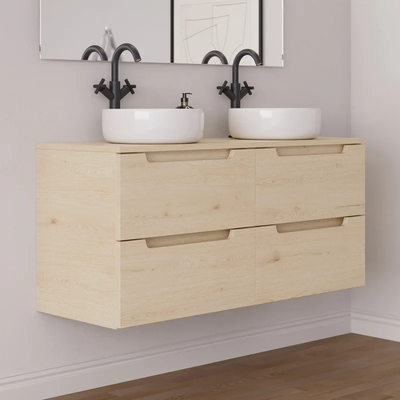 Meuble de salle de bain 140cm avec plateau et 2 vasques à poser rondes - 4 tiroirs - SONRIZA
