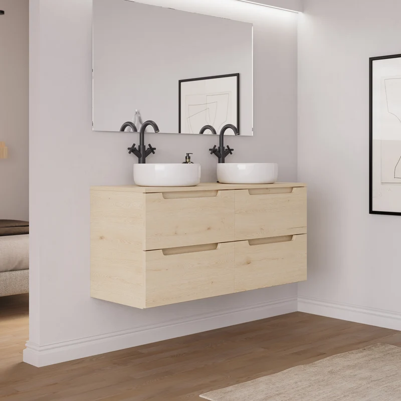 Meuble de salle de bain 140cm avec plateau et 2 vasques à poser rondes - 4 tiroirs - SONRIZA