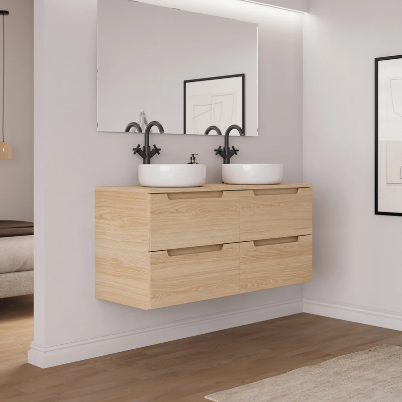 Meuble de salle de bain 140cm avec plateau et 2 vasques à poser rondes - 4 tiroirs - SONRIZA