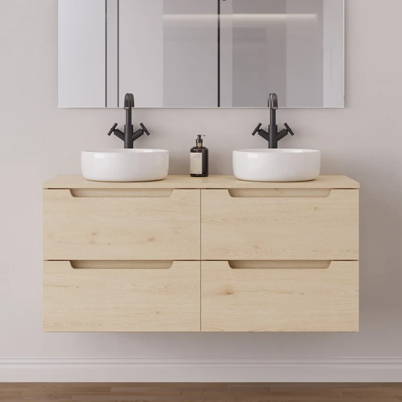 Meuble de salle de bain 140cm avec plateau et 2 vasques à poser rondes - 4 tiroirs - SONRIZA
