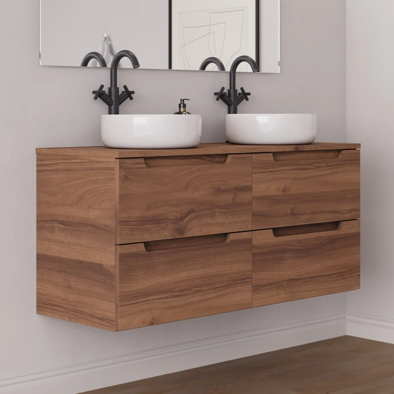 Meuble de salle de bain 140cm avec plateau et 2 vasques à poser rondes - 4 tiroirs - SONRIZA